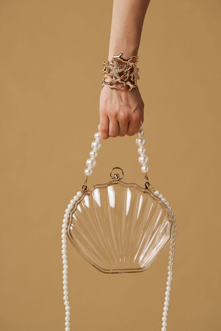 Borsa donna a conchiglia trasparente con manico perle – clutch elegante da sera