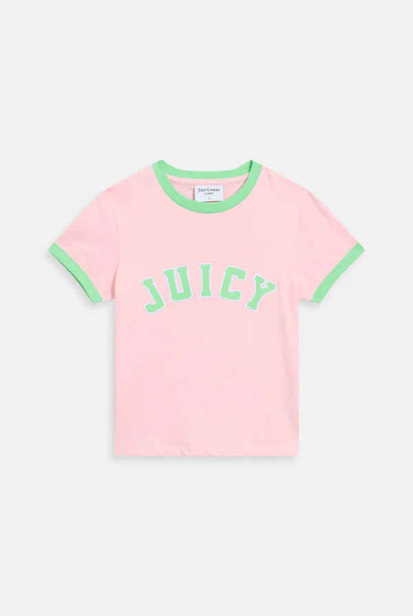 JUICY PINK - BLACK COLLEGIATE JUICY RINGER TEE
