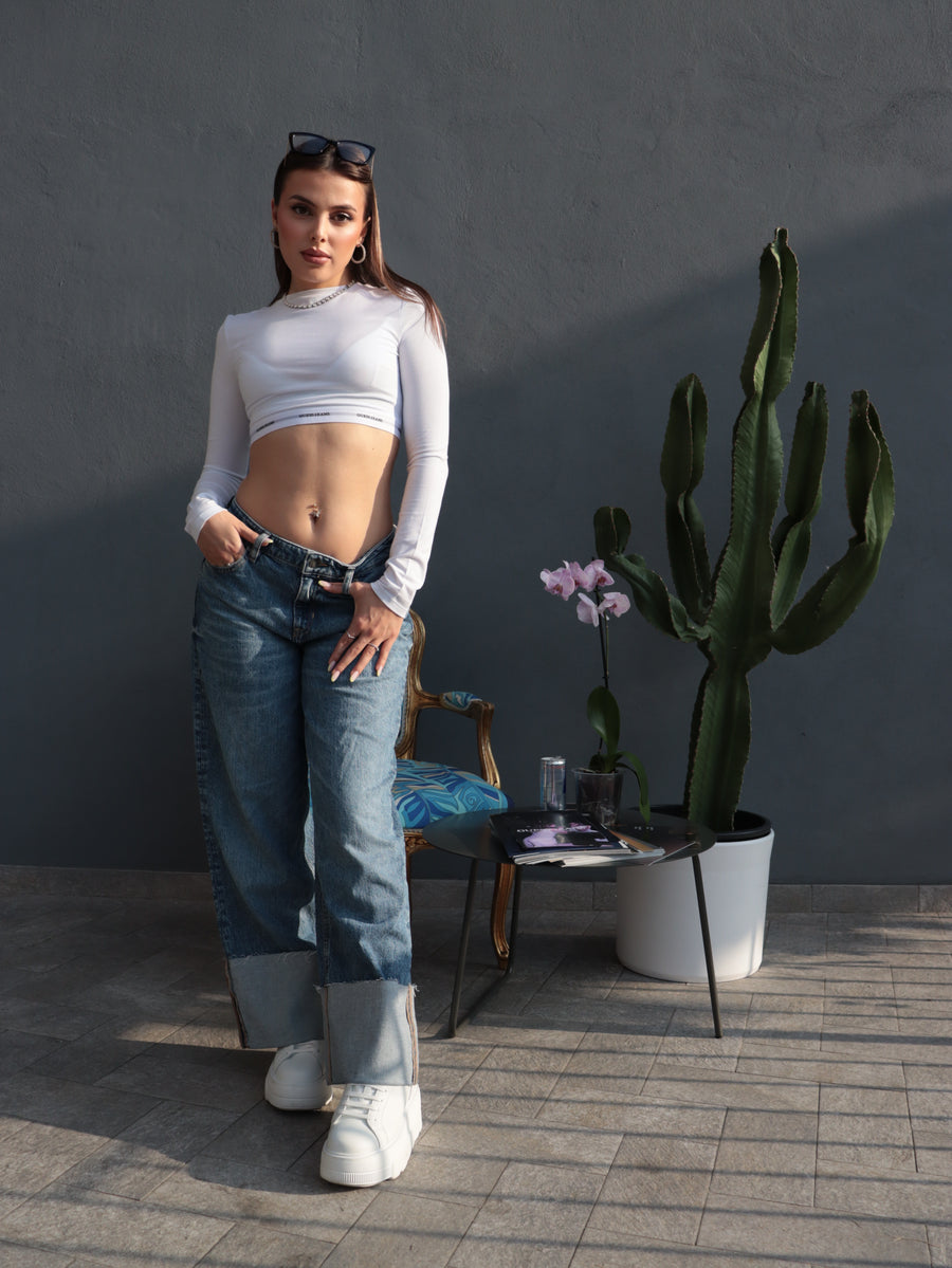 Top Guess Jeans Donna - Crop Bianco Maniche Lunghe