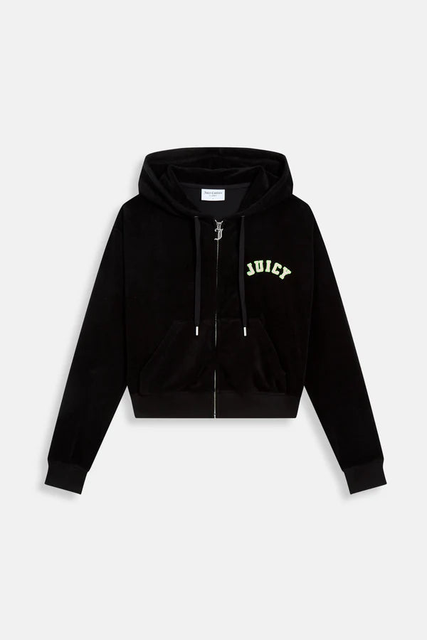 JUICY PINK - BLACK OVERSIZED COLLEGIATE CROPPED TOWELLING HOODIE