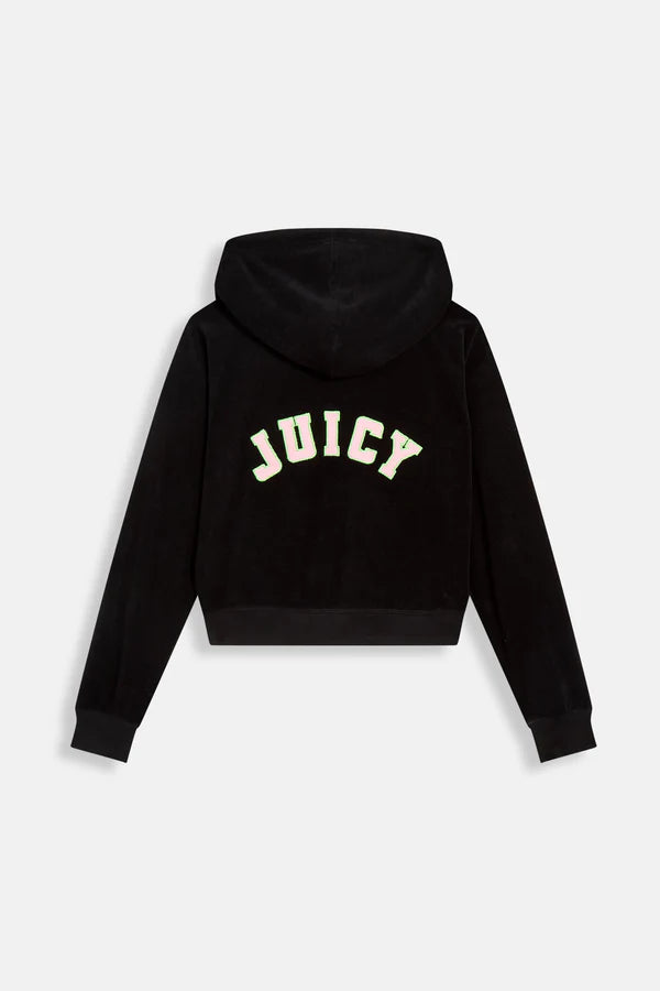 JUICY PINK - BLACK OVERSIZED COLLEGIATE CROPPED TOWELLING HOODIE