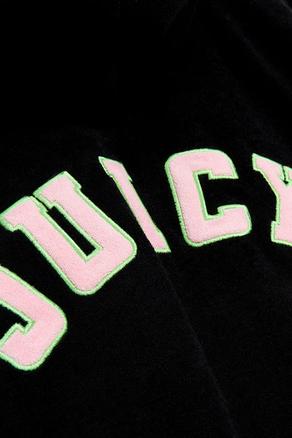 JUICY PINK - BLACK OVERSIZED COLLEGIATE CROPPED TOWELLING HOODIE