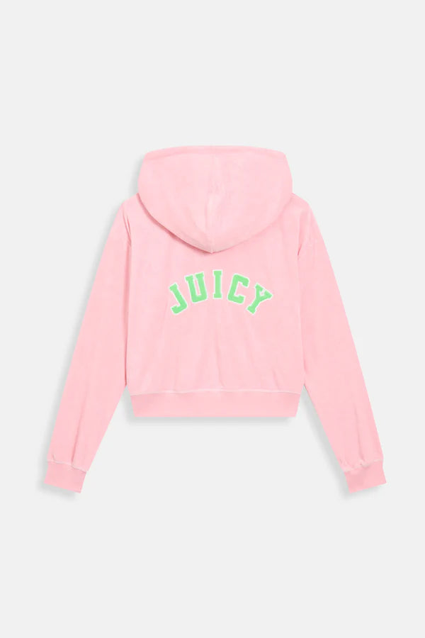 JUICY PINK - BLACK OVERSIZED COLLEGIATE CROPPED TOWELLING HOODIE