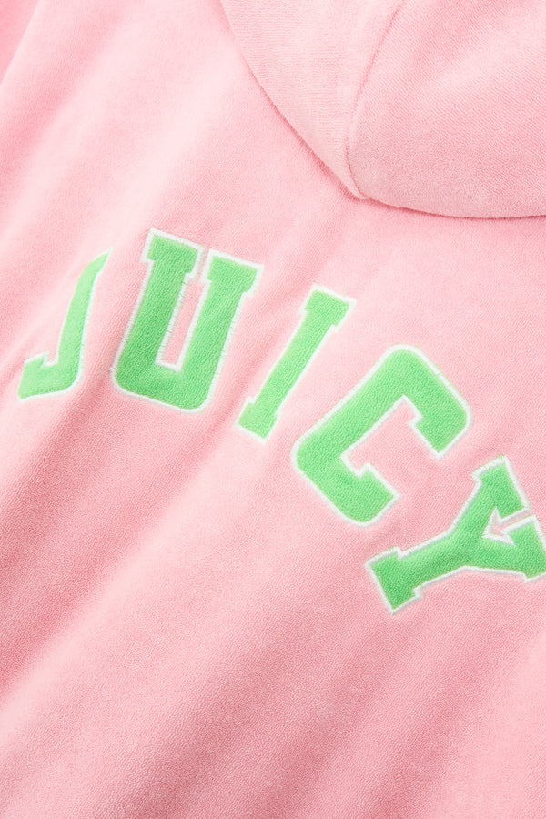 JUICY PINK - BLACK OVERSIZED COLLEGIATE CROPPED TOWELLING HOODIE