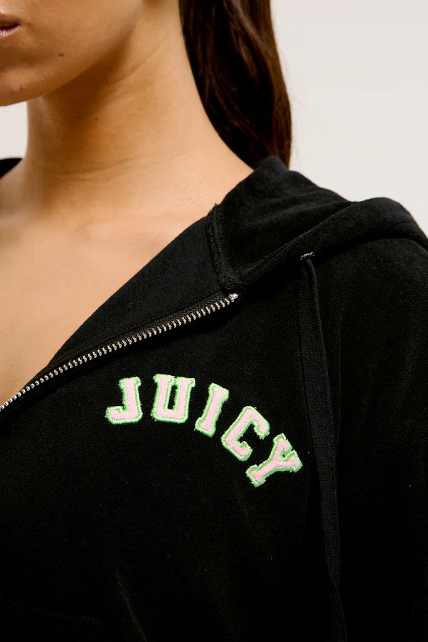 JUICY PINK - BLACK OVERSIZED COLLEGIATE CROPPED TOWELLING HOODIE