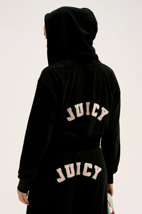 JUICY PINK - BLACK OVERSIZED COLLEGIATE CROPPED TOWELLING HOODIE