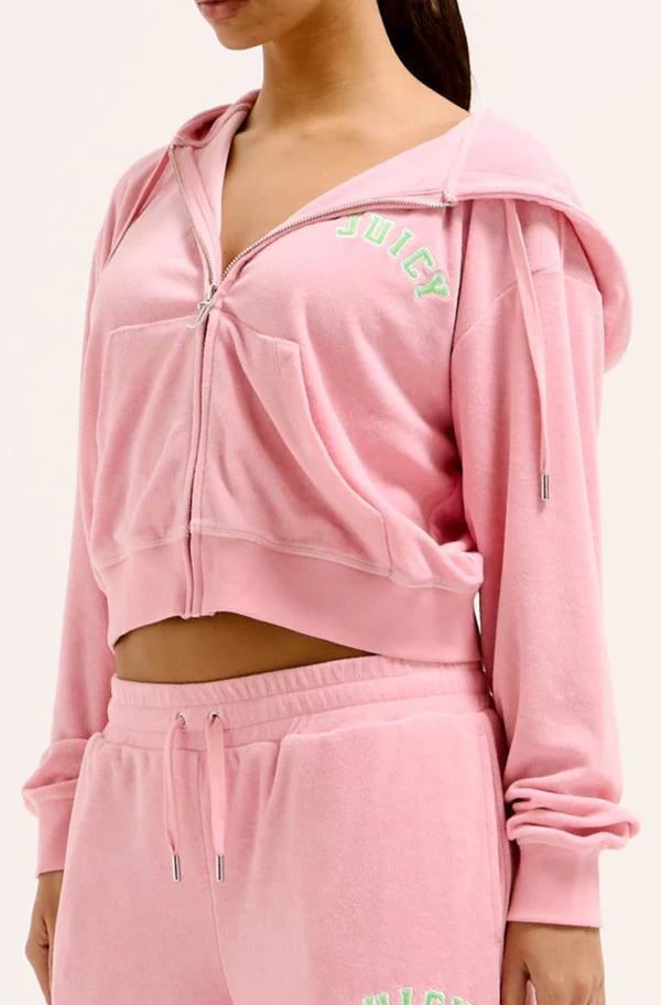 JUICY PINK - BLACK OVERSIZED COLLEGIATE CROPPED TOWELLING HOODIE