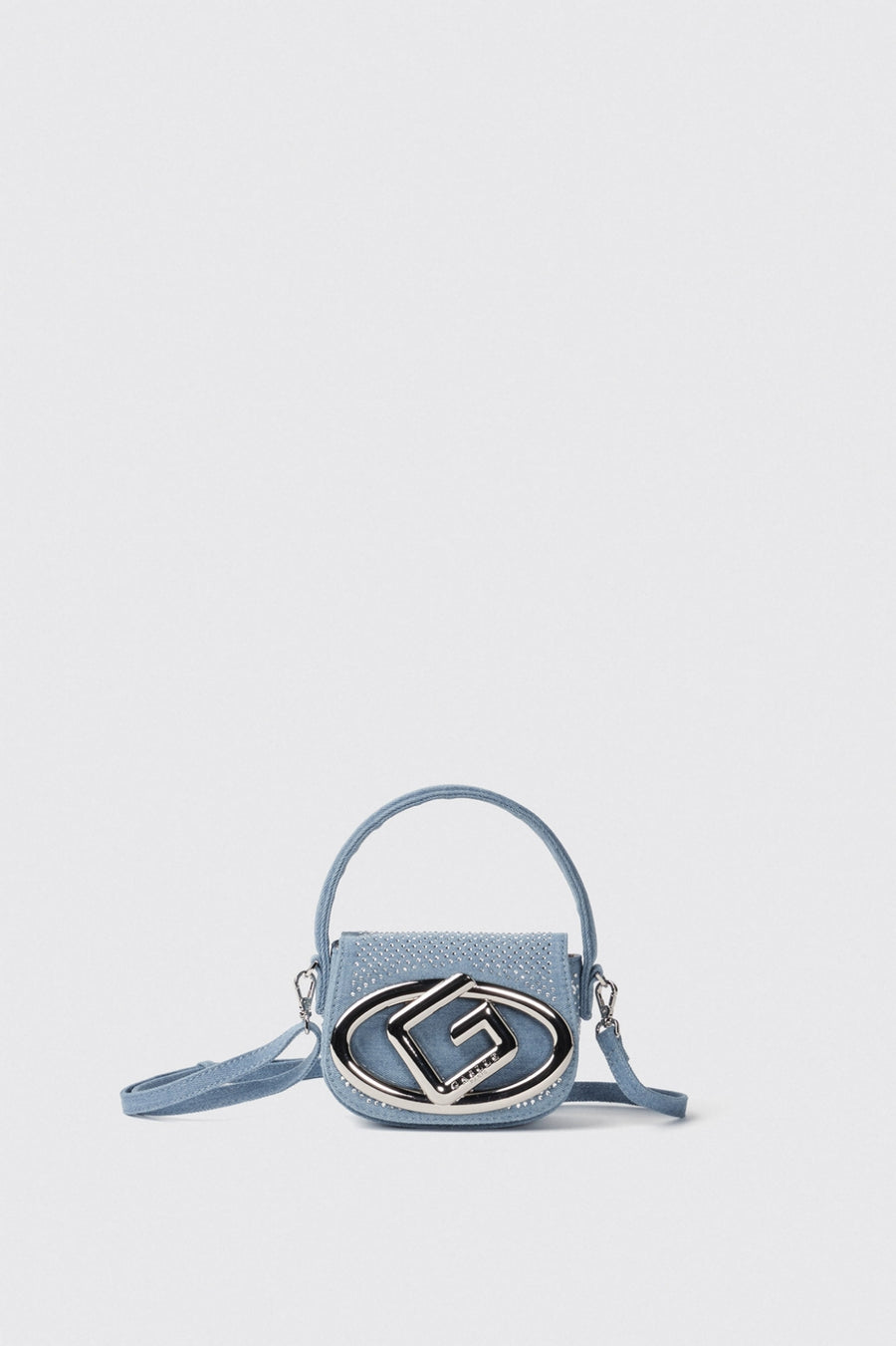 Jeans Mini Shoulder Strap Denim con Strass e Applicazione Maxi G • Blu - Gaëlle Paris — 1/3