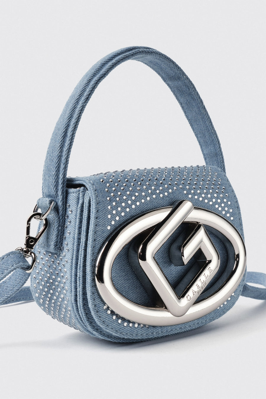 Jeans Mini Shoulder Strap Denim con Strass e Applicazione Maxi G • Blu - Gaëlle Paris — 2/3