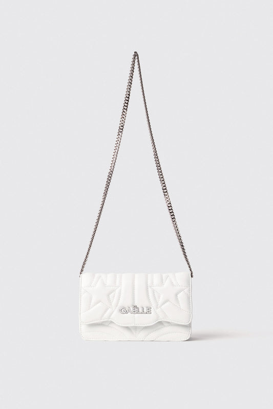 Mini shoulder strap con matelasse' e logo con strass • Bianco - Gaëlle Paris