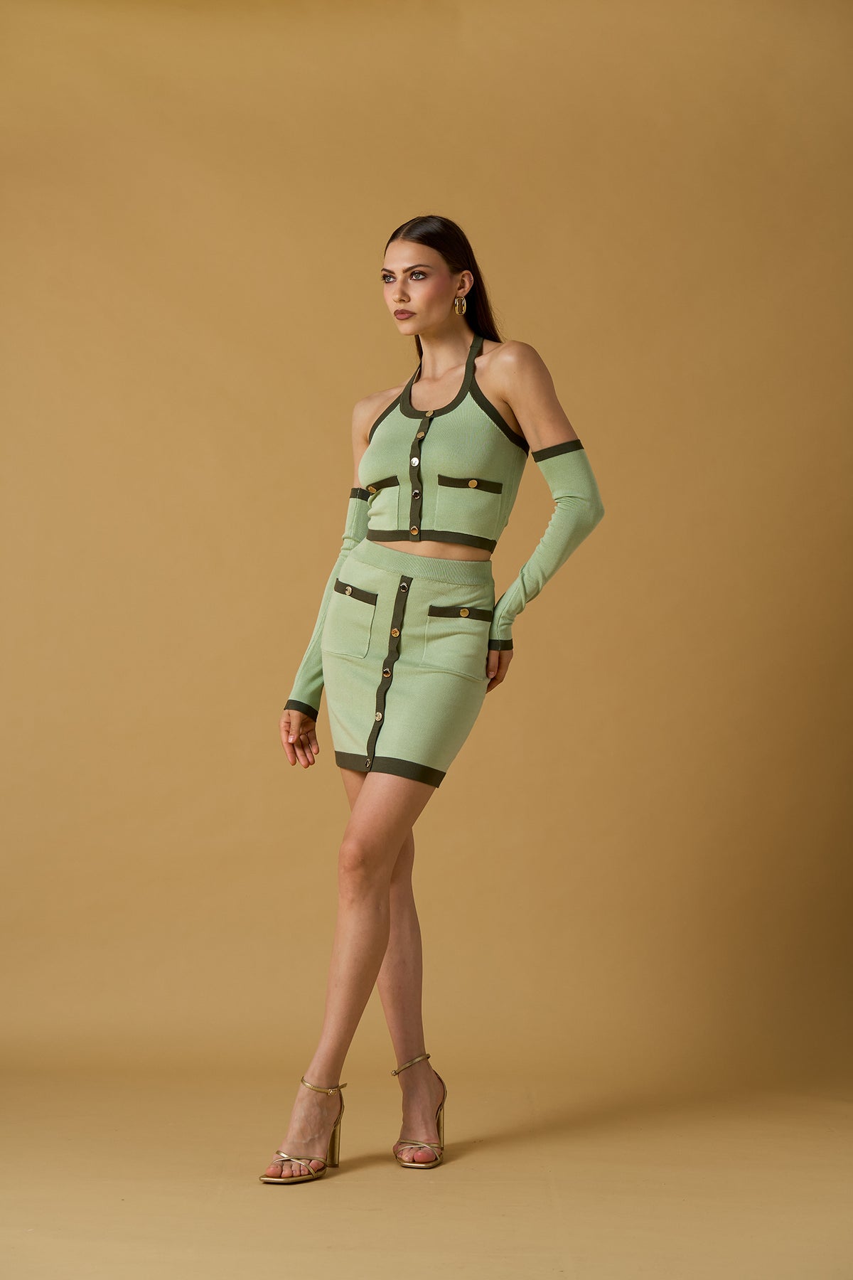 Gonna corta donna No Secret verde con bottoni – mini skirt elegante in maglia