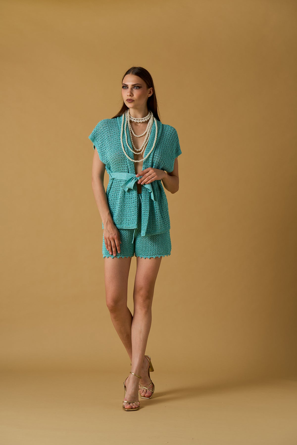 Kimono donna No Secret acquamarina in maglia traforata – cardigan estivo con cintura