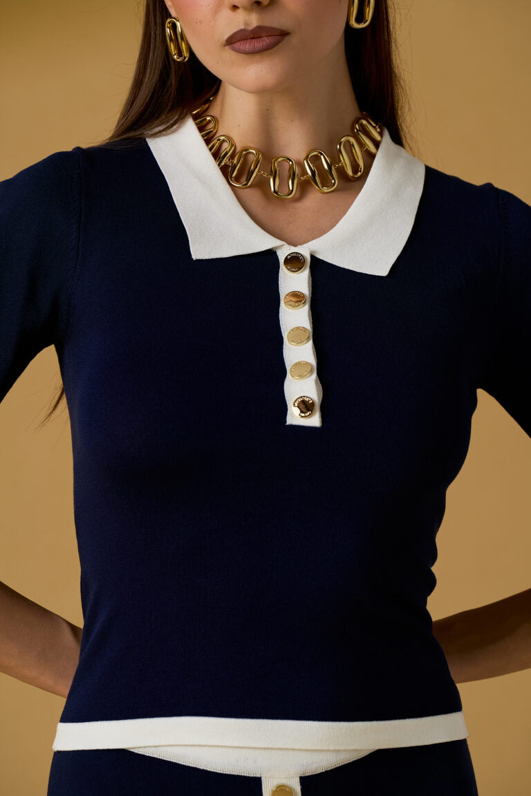 Completo donna No Secret blu con profili a contrasto – top polo e shorts eleganti — 2/3