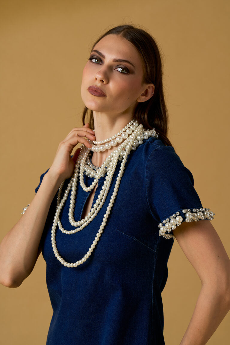 Abito corto donna No Secret in denim con perle – elegante e moderno