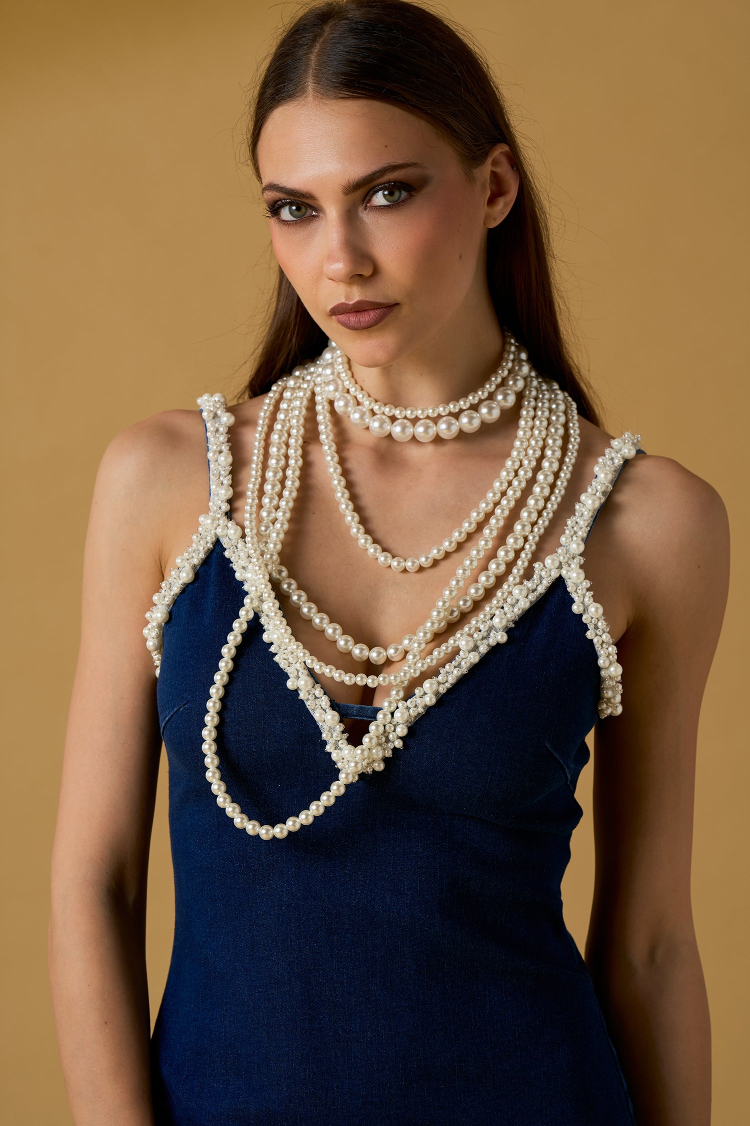 Abito corto donna No Secret con perle – elegante in denim con spalline gioiello