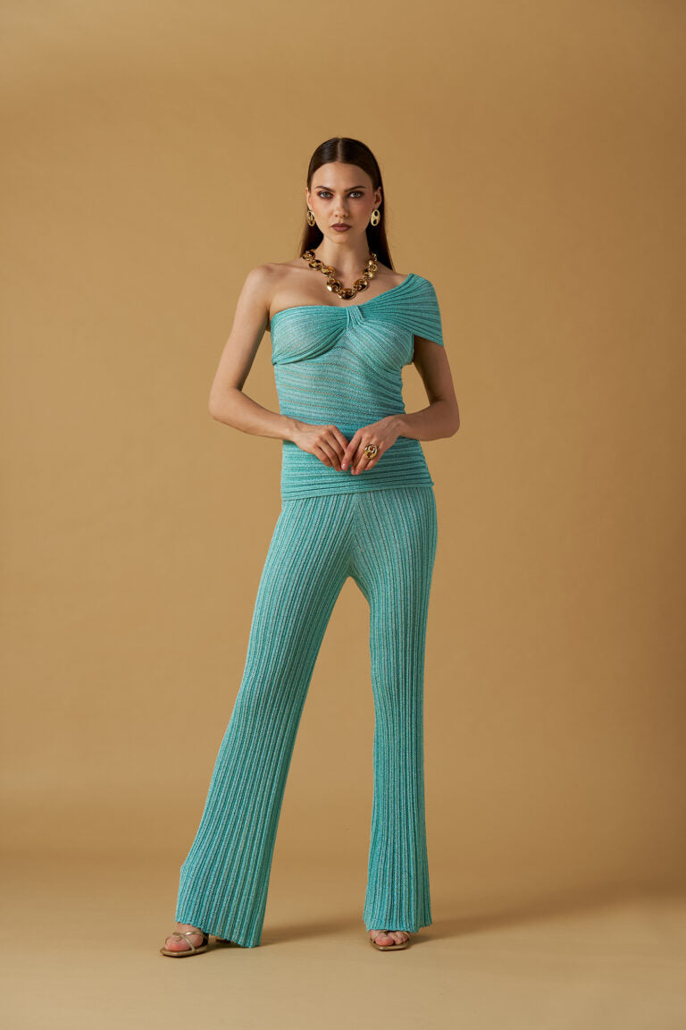 Top donna No Secret acquamarina monospalla in maglia lurex – elegante e aderente