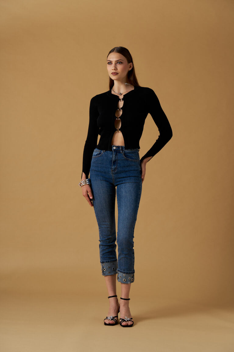 Cardigan donna No Secret nero con dettagli cut-out – maglia elegante con chiusura gioiello — 2/2