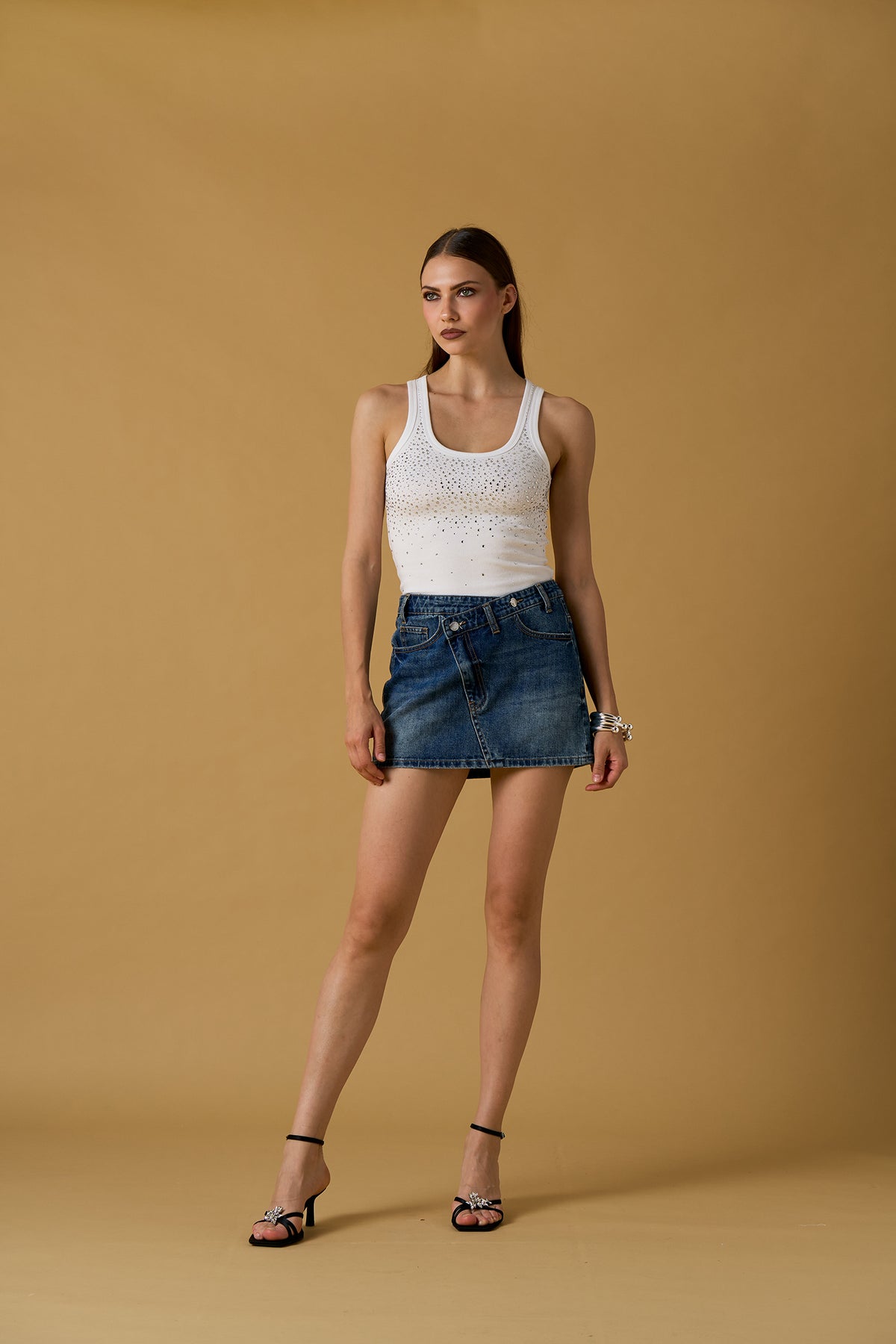 Canotta donna No Secret con strass – top bianco elegante in maglia