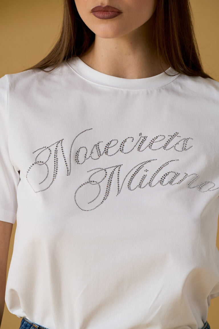 T-shirt donna No Secret bianca con scritta strass – maglia girocollo elegante casual — 1/2