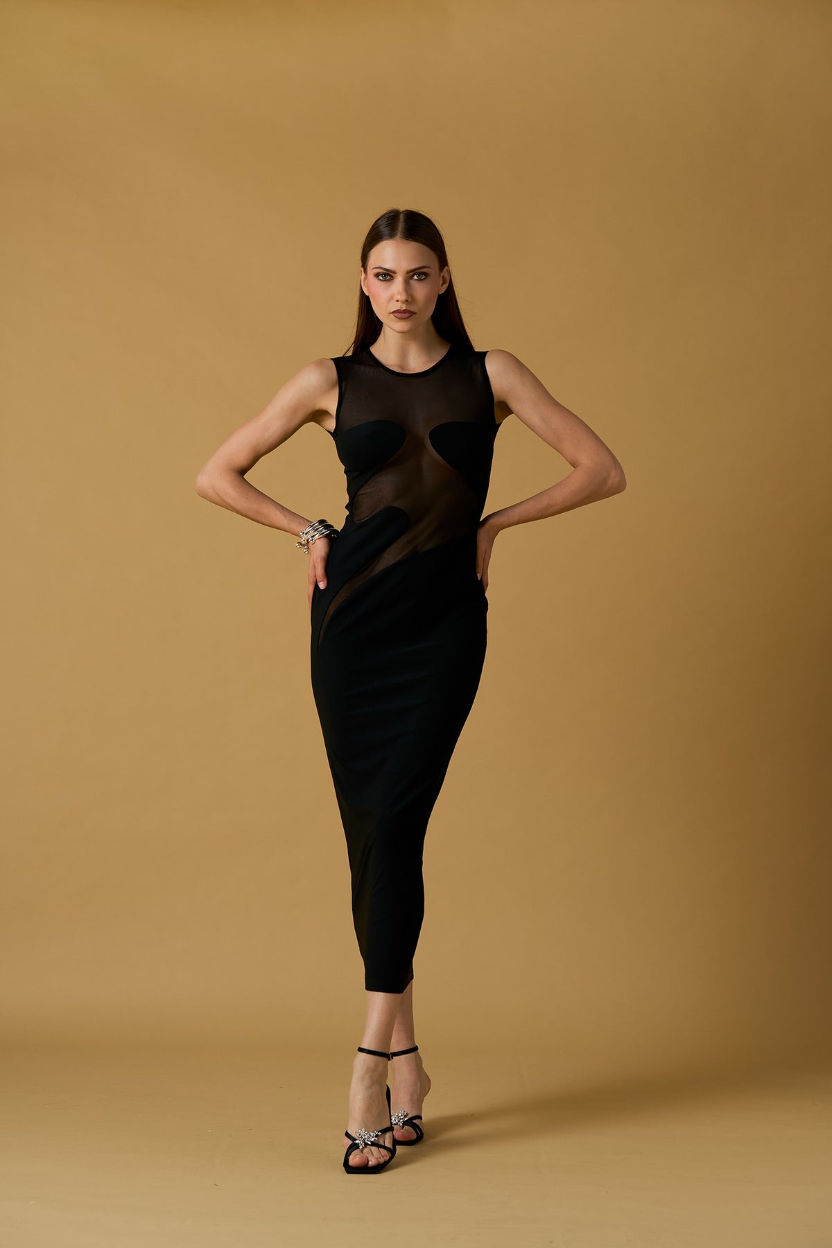 Abito lungo donna No Secret nero con inserti trasparenti – elegante e sensuale