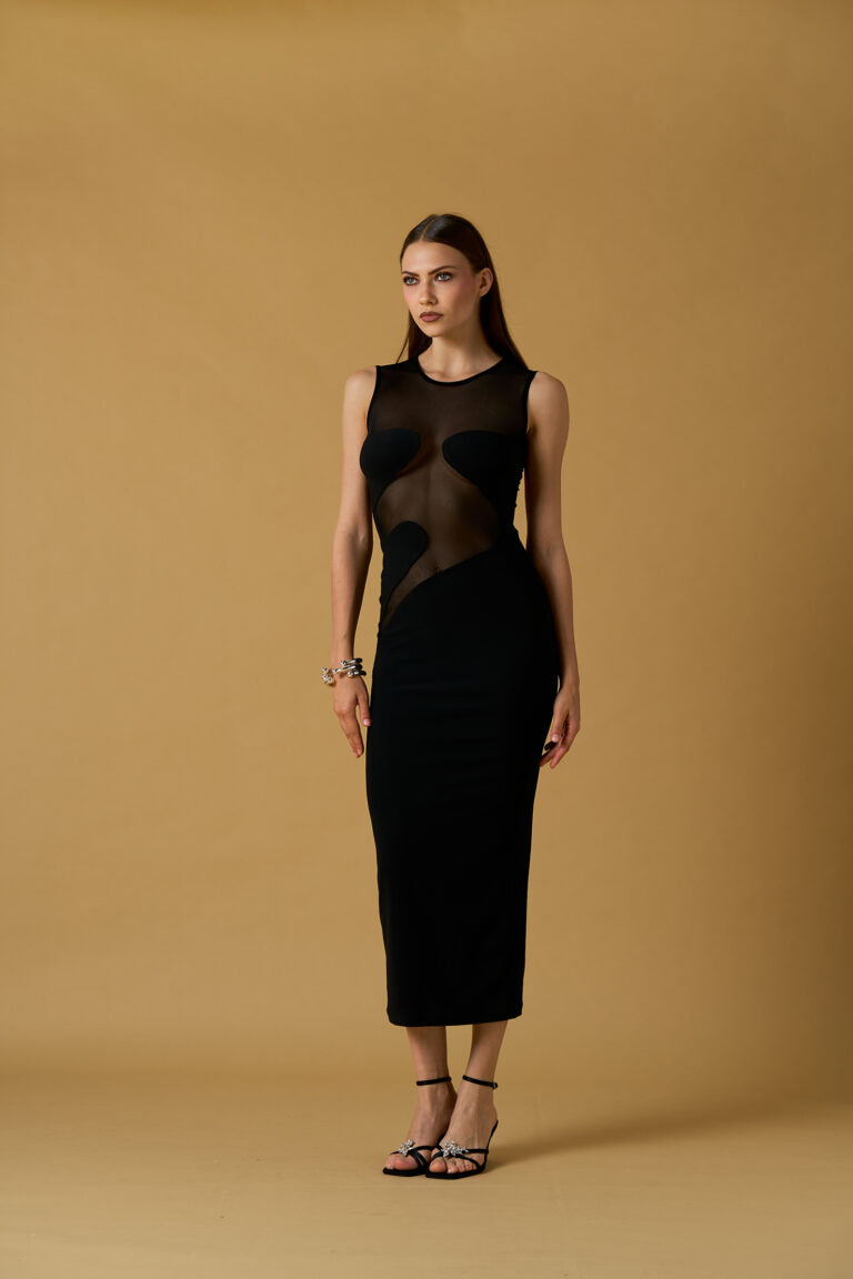 Abito lungo donna No Secret nero con inserti trasparenti – elegante e sensuale