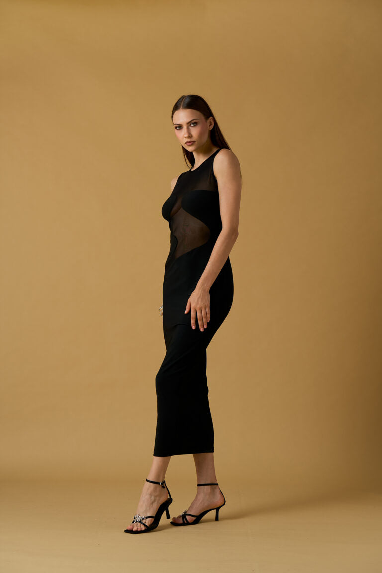 Abito lungo donna No Secret nero con inserti trasparenti – elegante e sensuale