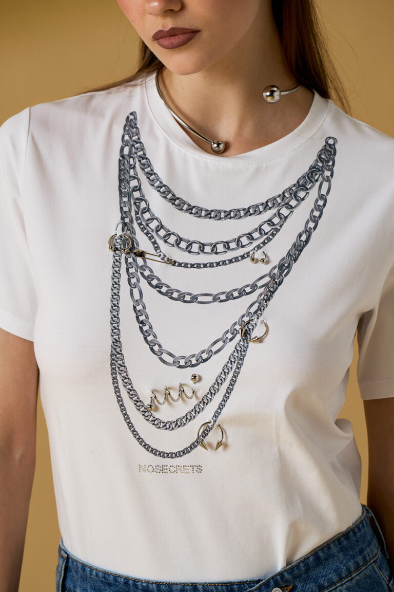 T-shirt donna No Secret bianca con stampa catene – maglia girocollo elegante casual — 2/2
