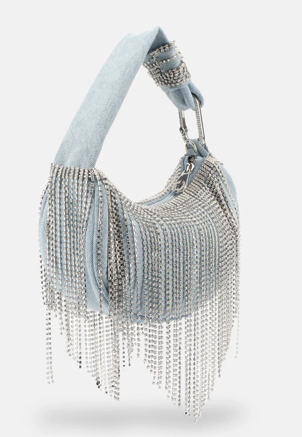Borsa a Spalla Juicy Couture in Denim con Frange di Strass