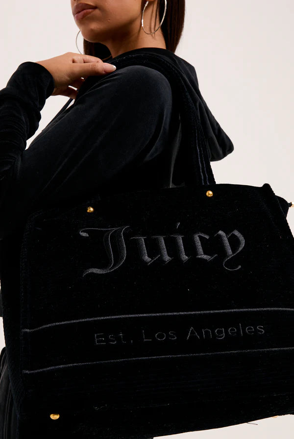 JUICY COUTURE - Borsa shopper grande iris nero in velour a coste