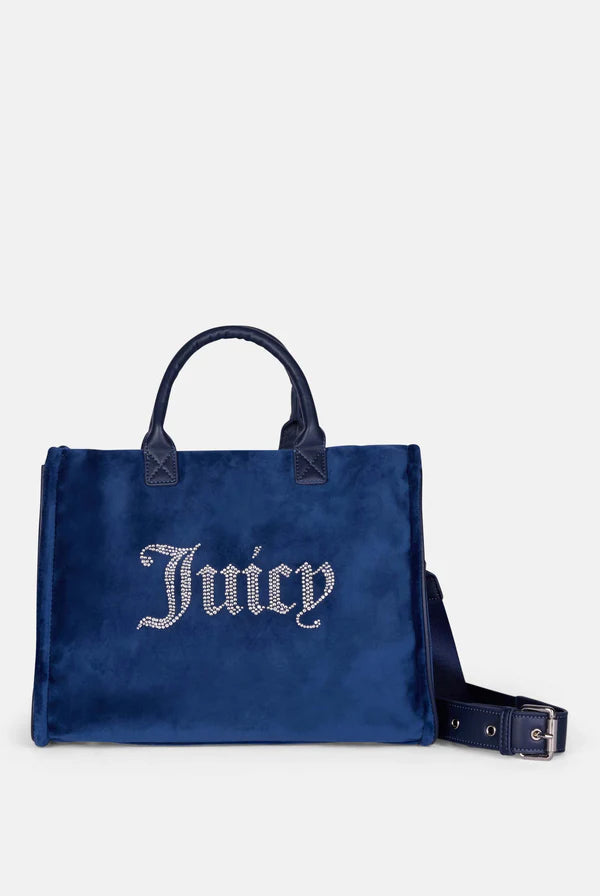 JUICY COUTURE - Borsa a mano media con strass iris blu scuro in velour