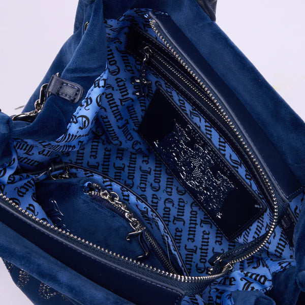 JUICY COUTURE - Borsa a mano media con strass iris blu scuro in velour