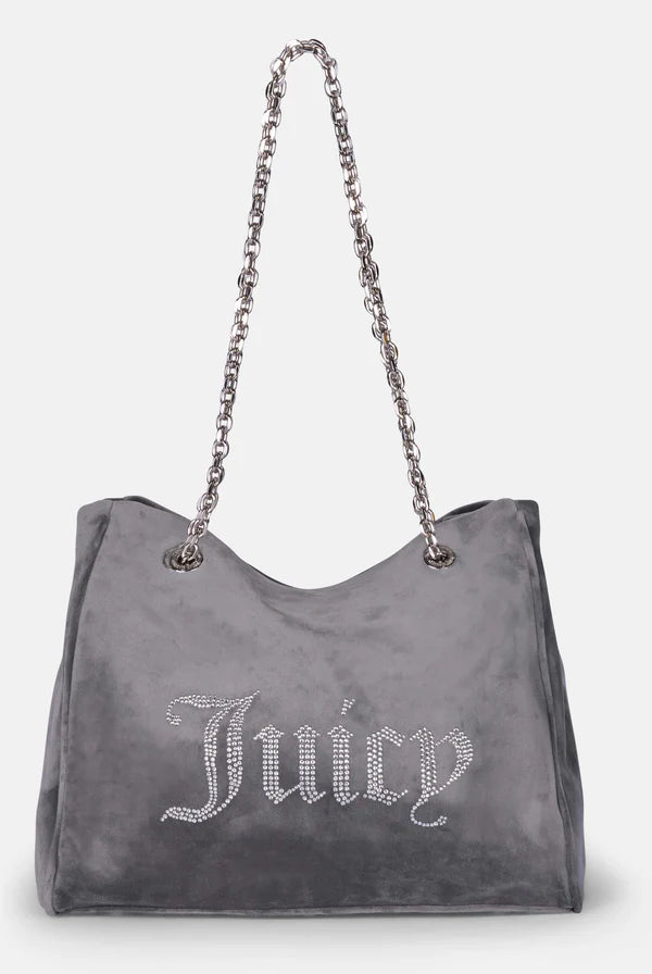 JUICY COUTURE - Borsa a mano grande con catena kimberly grigia in velour