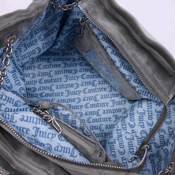 JUICY COUTURE - Borsa a mano grande con catena kimberly grigia in velour