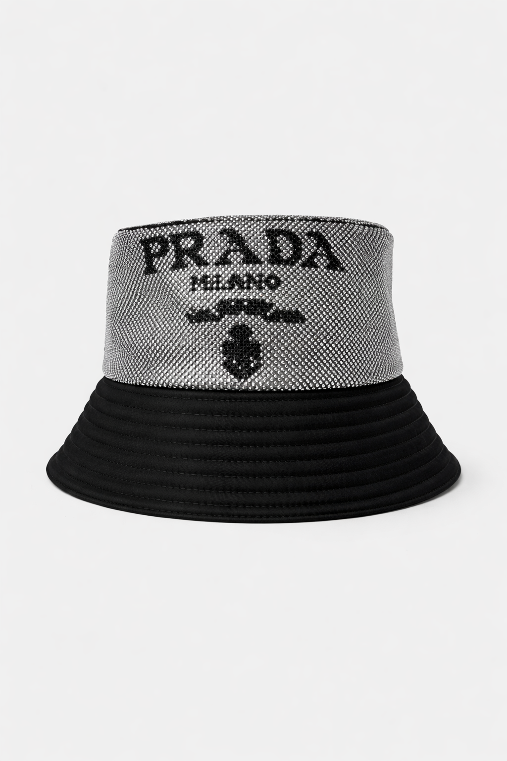 Cappello Prada bucket in tessuto tecnico con cristalli – Nero/Argento