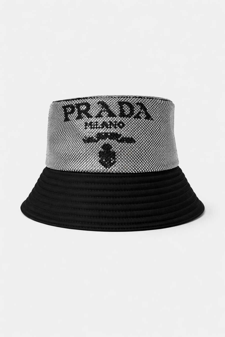 Cappello Prada bucket in tessuto tecnico con cristalli – Nero/Argento — 1/2