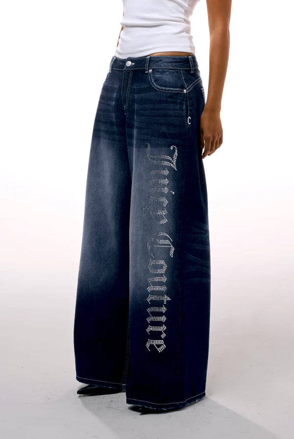 Jeans Wide Leg con Logo Strass Juicy Couture – Denim Mid Wash