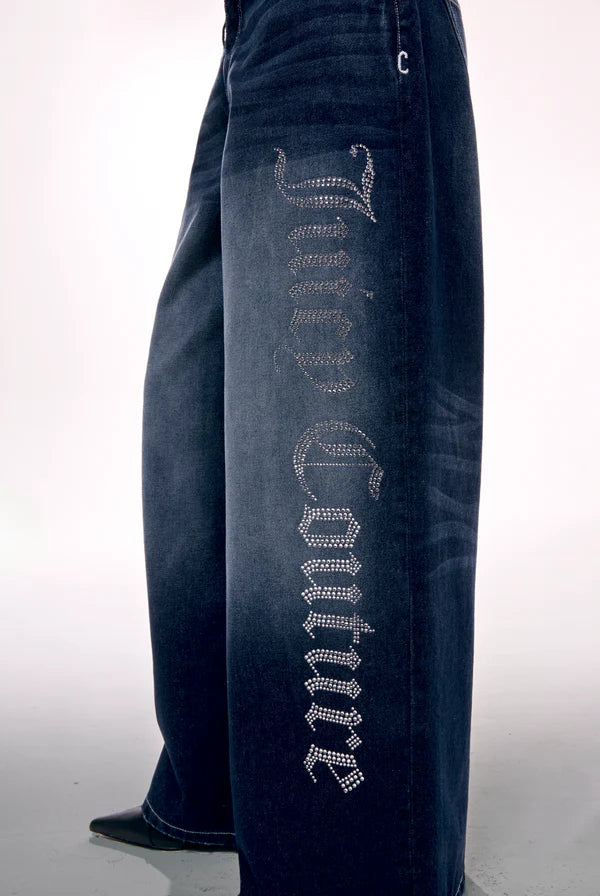 Jeans Wide Leg con Logo Strass Juicy Couture – Denim Mid Wash