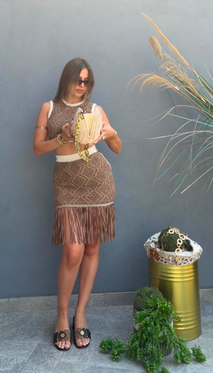 Completo Elisabetta Franchi con Top Crop e Gonna Mini con Frange — 1/5