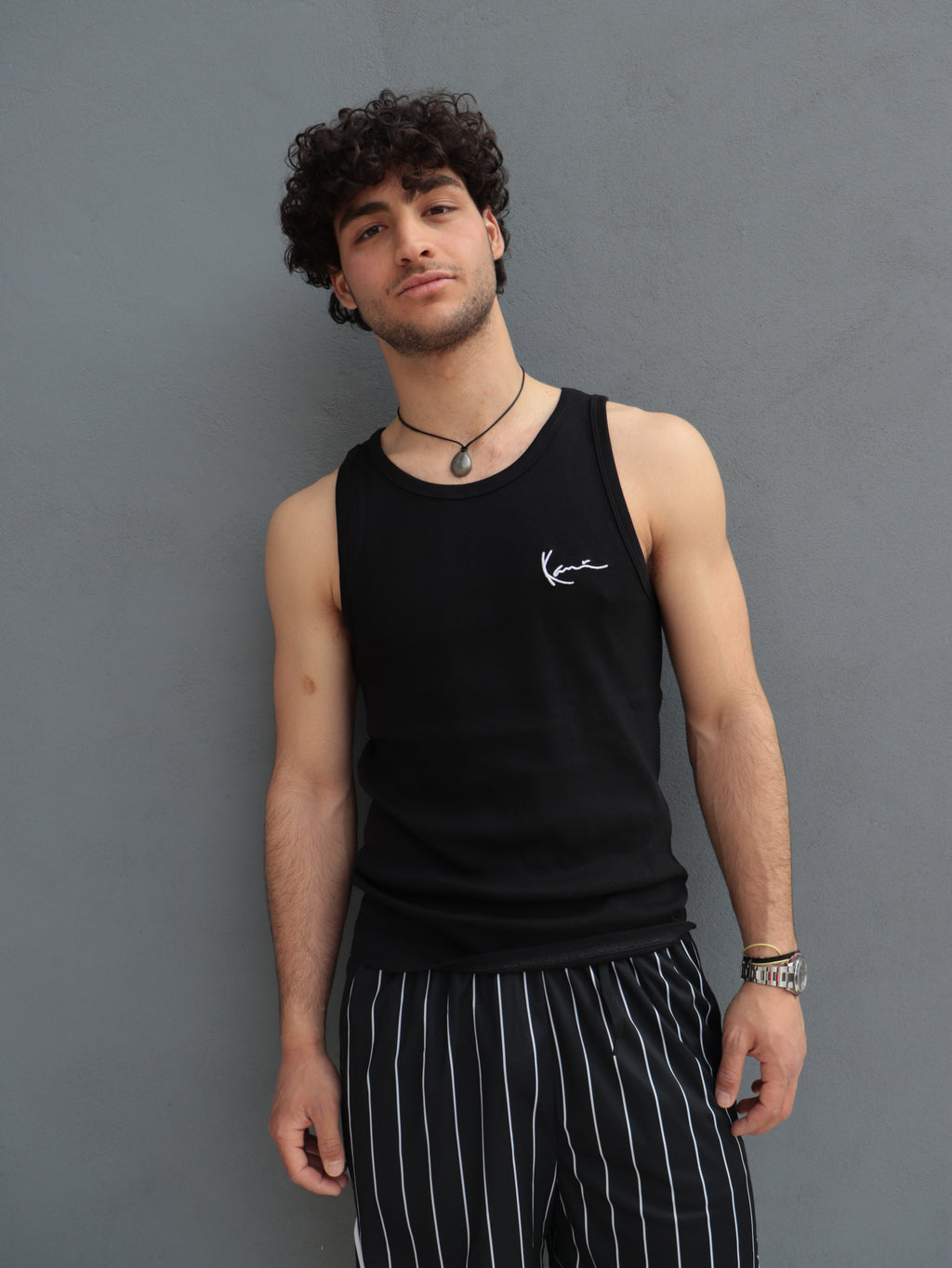 Canotta Uomo Karl Kani Nera a Costine con Logo Ricamato