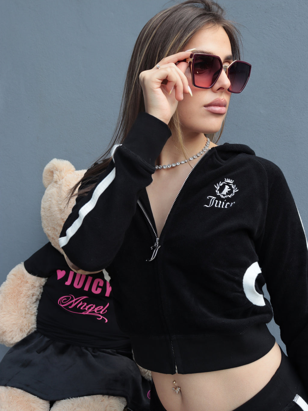 Tuta Donna Juicy Couture Appliqué Terry – Felpa Crop con Zip e Pantalone Logo
