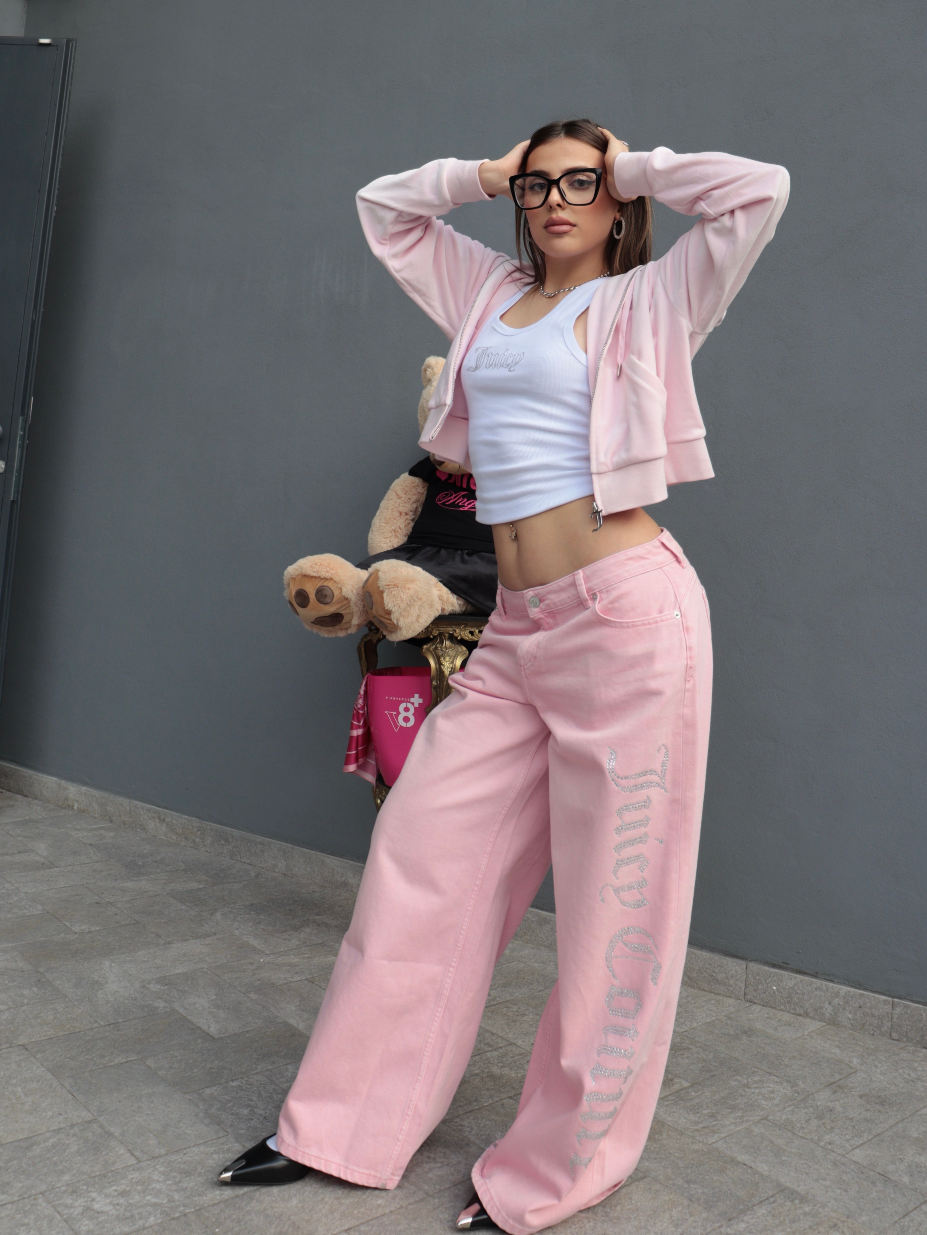 Jeans Wide Leg Rosa Juicy Couture con Logo Strass