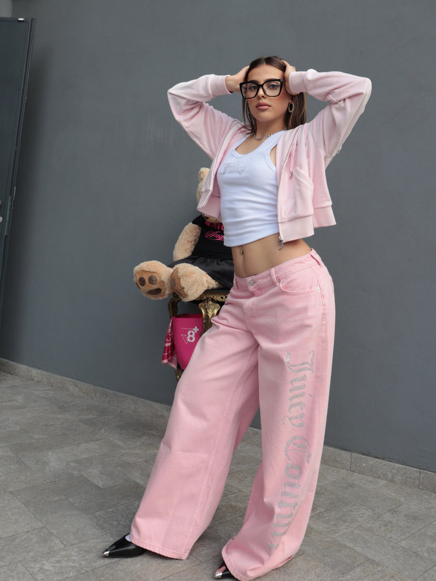 Jeans Wide Leg Rosa Juicy Couture con Logo Strass — 1/3
