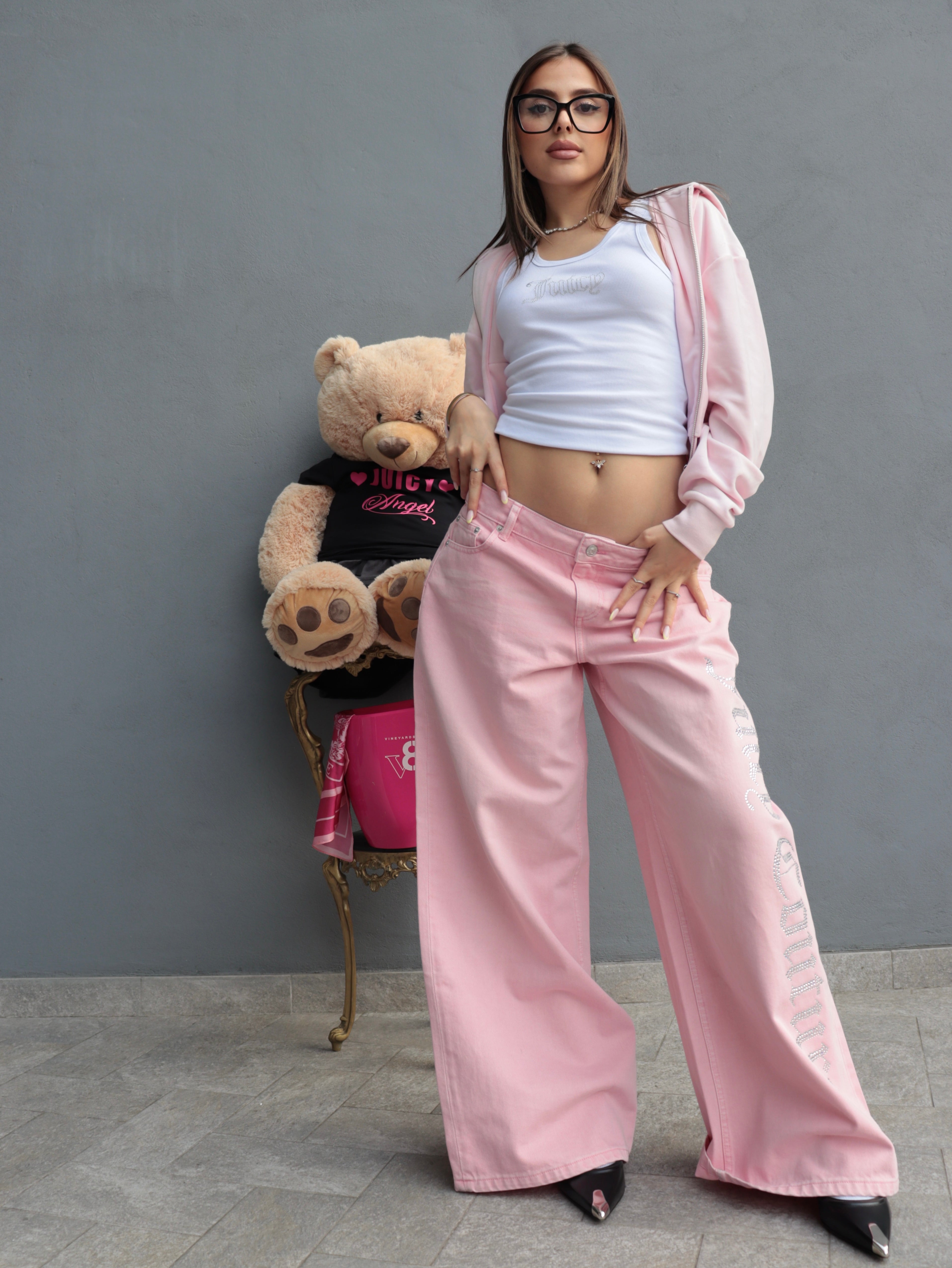 Jeans Wide Leg Rosa Juicy Couture con Logo Strass