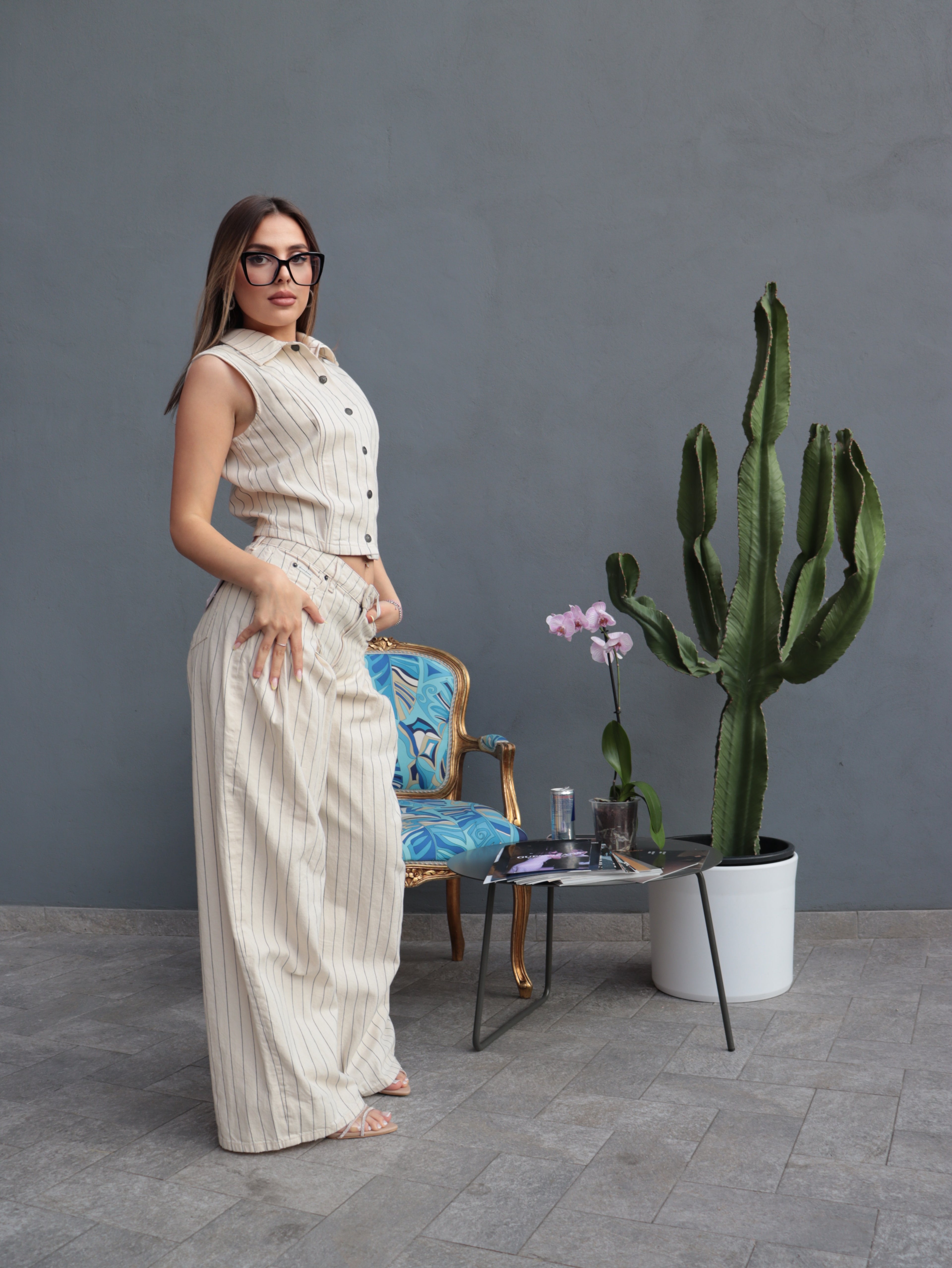 Pantalone Guess Jeans Donna a Palazzo Beige Gessato