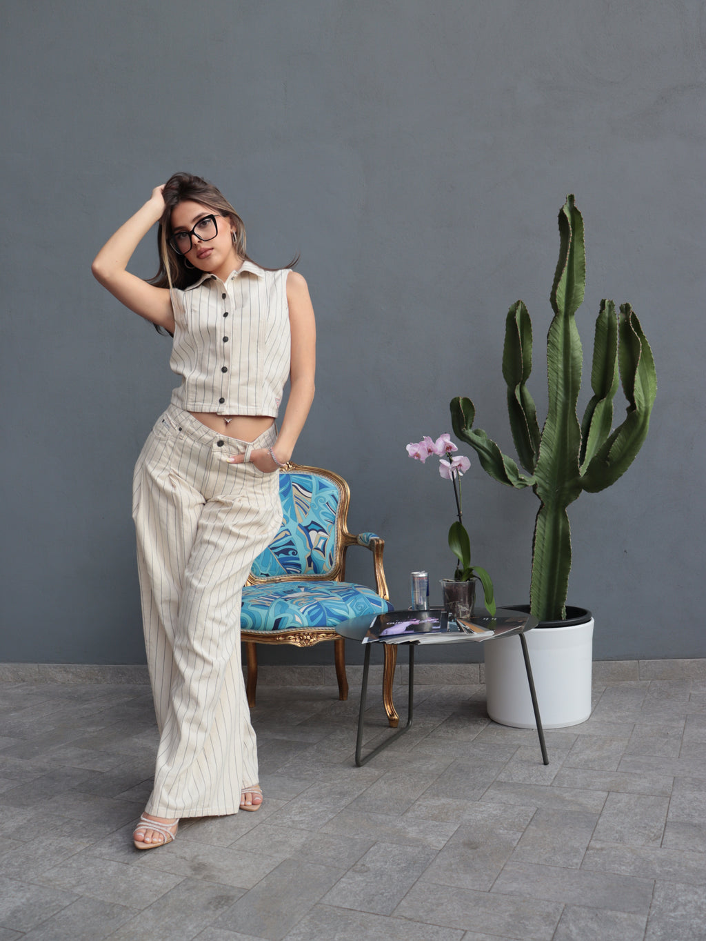 Pantalone Guess Jeans Donna a Palazzo Beige Gessato