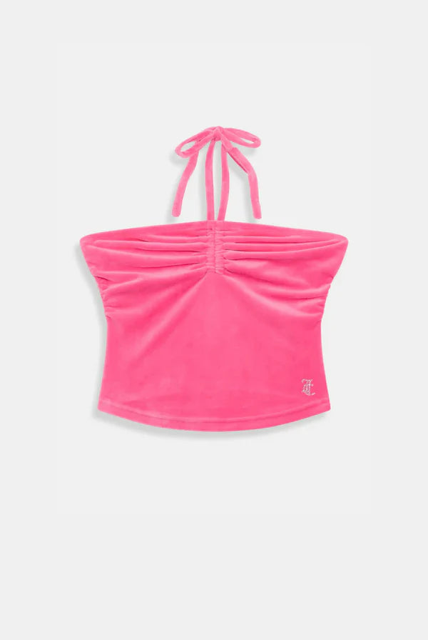 HOT PINK VELOUR RUCHED HALTER TOP