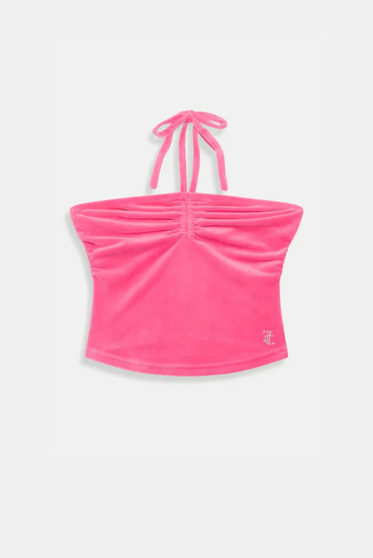 HOT PINK VELOUR RUCHED HALTER TOP