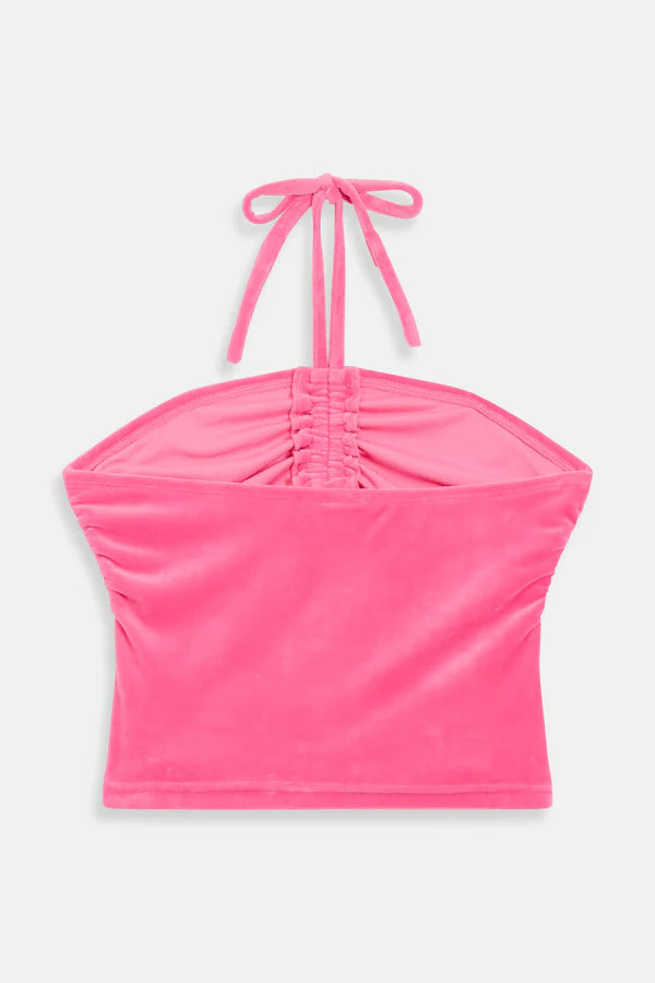 HOT PINK VELOUR RUCHED HALTER TOP