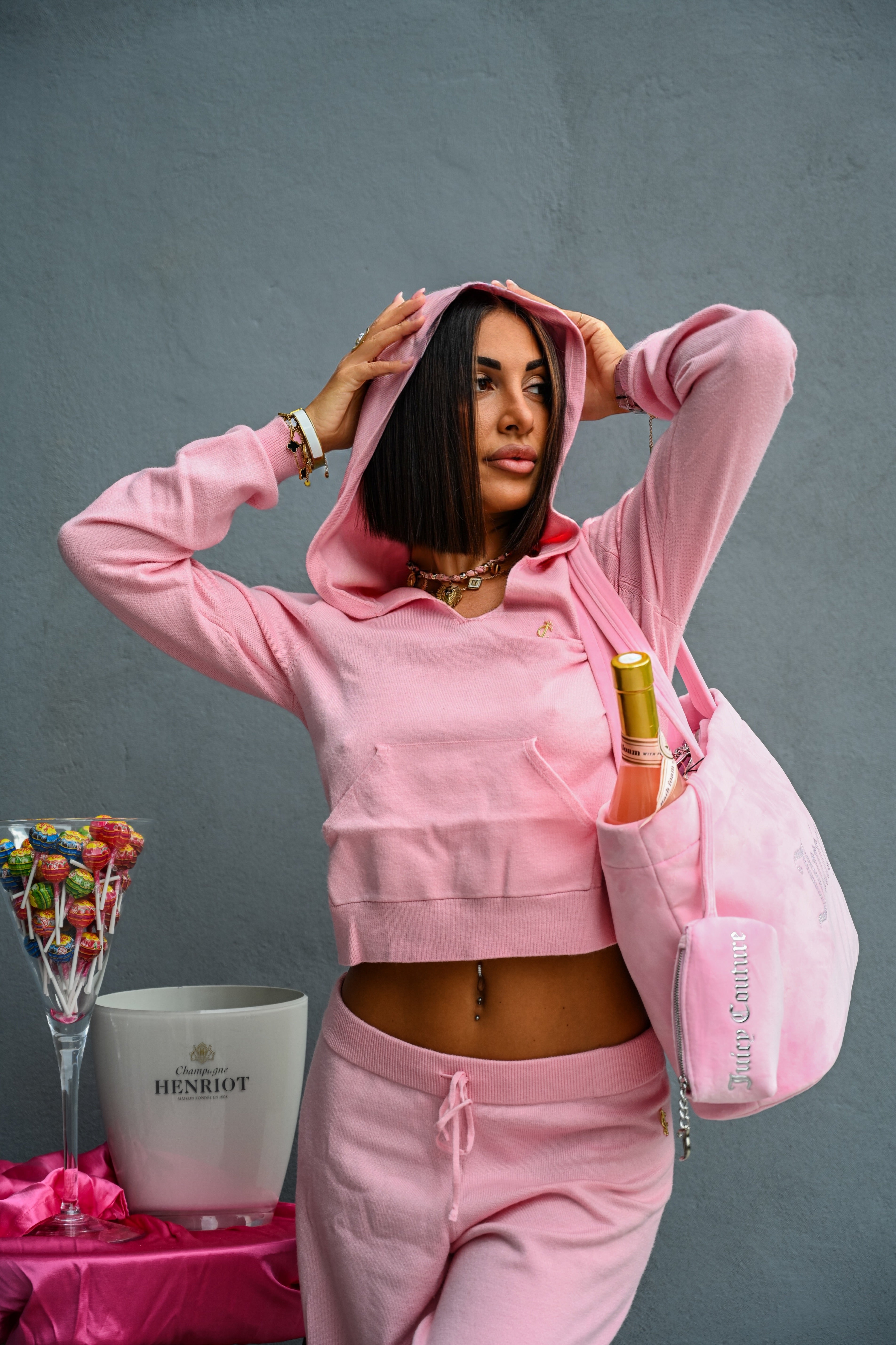JUICY COUTURE - FELPA CON CAPPUCCIO IN MAGLIA VISCOSA HERITAGE ROSA