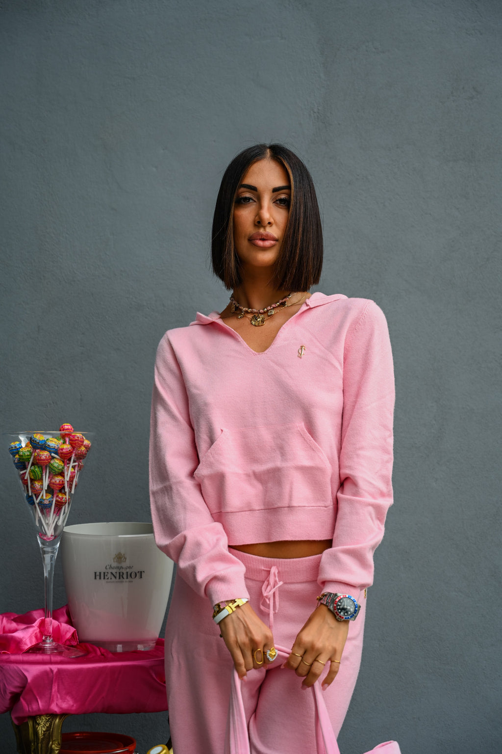 JUICY COUTURE - FELPA CON CAPPUCCIO IN MAGLIA VISCOSA HERITAGE ROSA